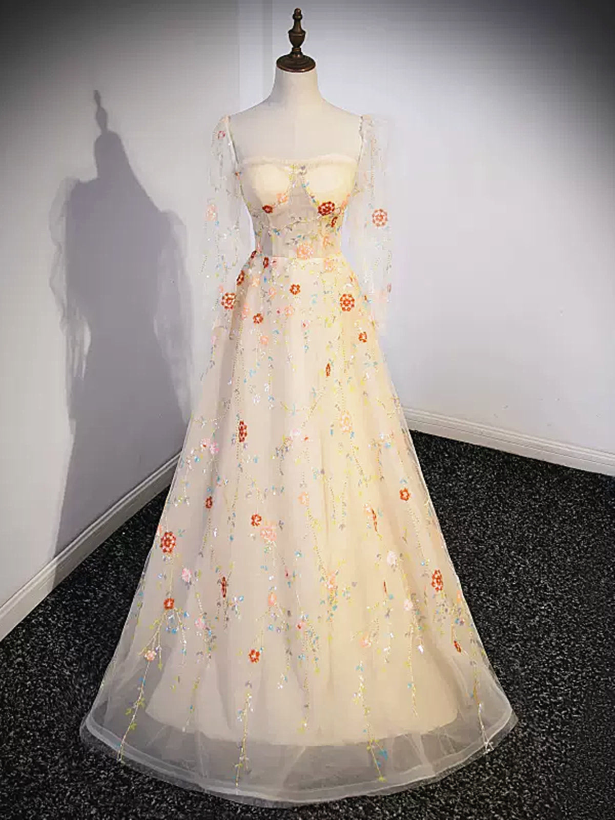 Long Sleeves Champagne Lace Beaded Long Prom Dresses, Champagne Long Formal Evening Dresses, US 8 / Custom Color / With Rush+$19.99 Long Sleeves Champagne Lace Beaded Long Prom Dresses, Champagne Long Formal Evening Dresses, US 8 / Custom Color / With Rush+$19.99