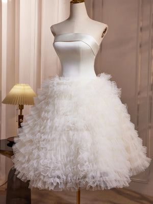 Lovely Strapless Fluffy White Prom Dresses, Strapless White Homecoming Dresses, Ivory Formal Evening Dresses