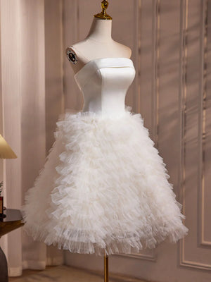 Lovely Strapless Fluffy White Prom Dresses, Strapless White Homecoming Dresses, Ivory Formal Evening Dresses