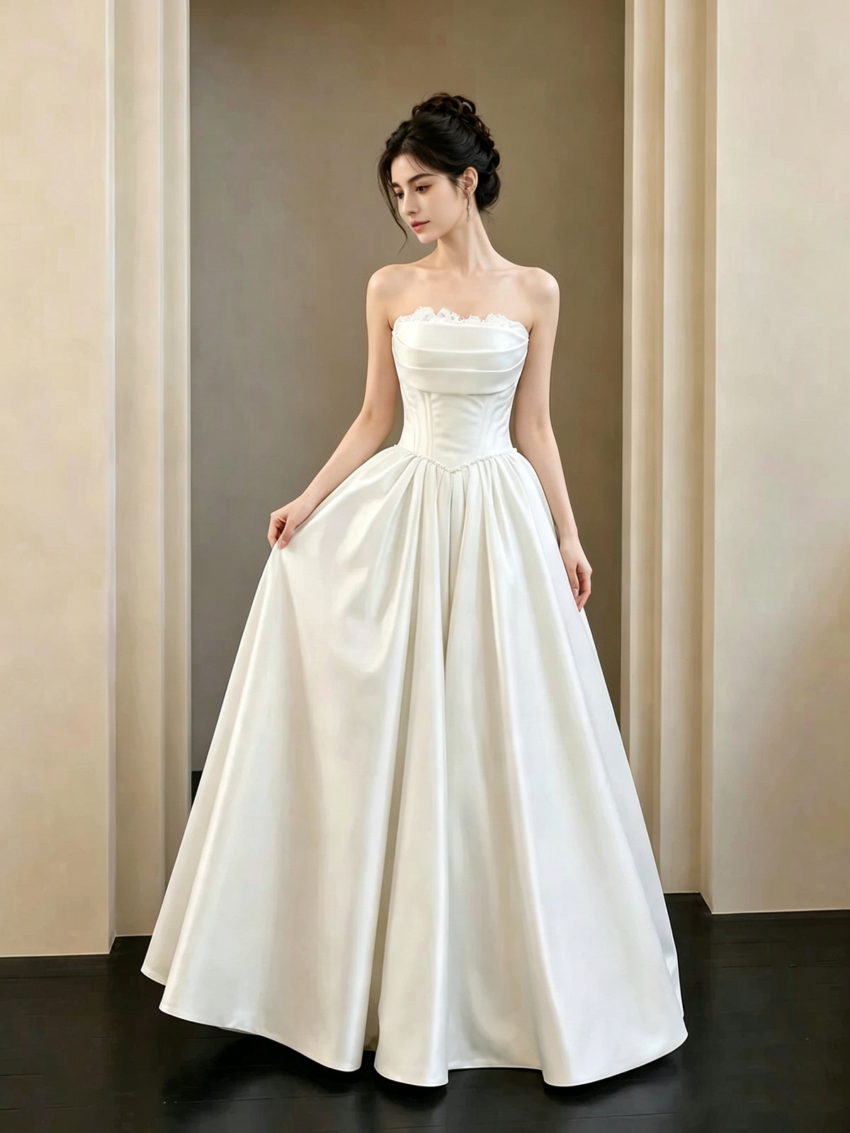 Minimalist Strapless Satin Wedding Dress, Sweetheart White Bridal Gowns with Lace Trim