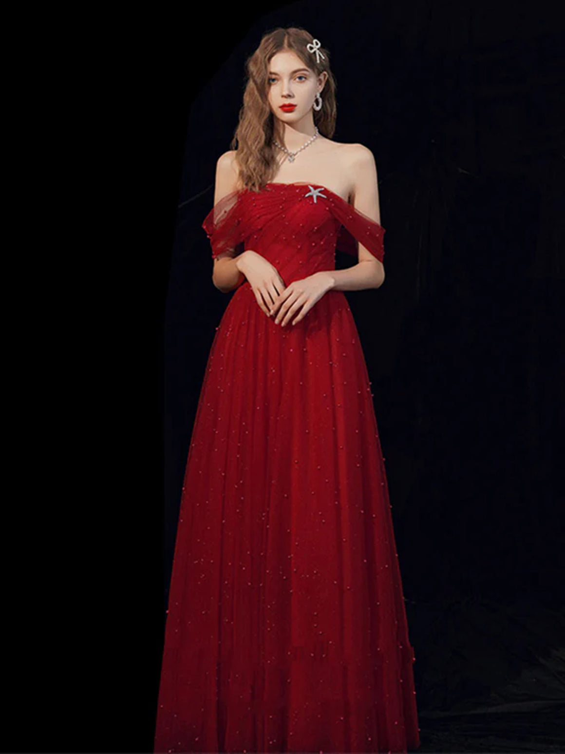 Off Shoulder Beaded Burgundy Tulle Long Prom Dresses, Off the Shoulder Wine Red Formal Dresses, Burgundy Evening Dresses