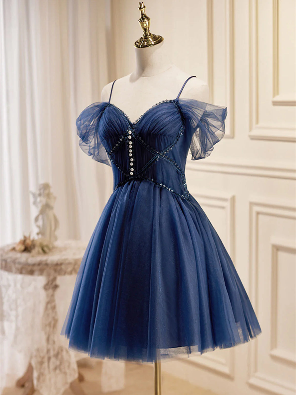 Off Shoulder Beaded Dark Blue Tulle Short Prom Dresses, Off the Shoulder Dark Blue Homecoming Dresses Off Shoulder Beaded Dark Blue Tulle Short Prom Dresses, Off the Shoulder Dark Blue Homecoming Dresses