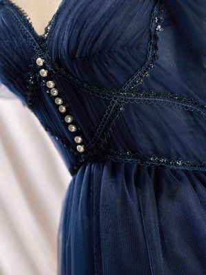 Off Shoulder Beaded Dark Blue Tulle Short Prom Dresses, Off the Shoulder Dark Blue Homecoming Dresses