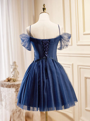 Off Shoulder Beaded Dark Blue Tulle Short Prom Dresses, Off the Shoulder Dark Blue Homecoming Dresses