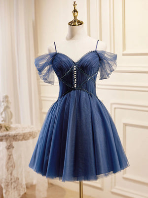 Off Shoulder Beaded Dark Blue Tulle Short Prom Dresses, Off the Shoulder Dark Blue Homecoming Dresses