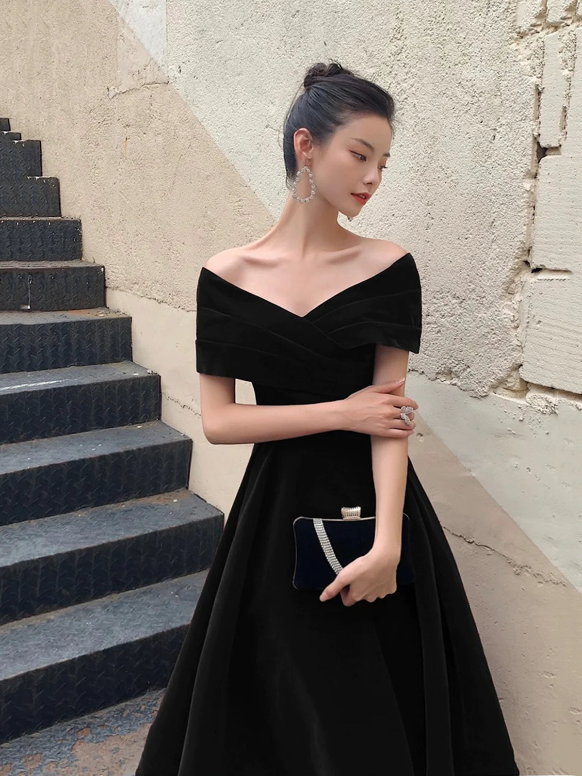 Off Shoulder Black Velvet Short Prom Dresses, Off the Shoulder Formal - shegown Off Shoulder Black Velvet Short Prom Dresses, Off the Shoulder Formal - shegown