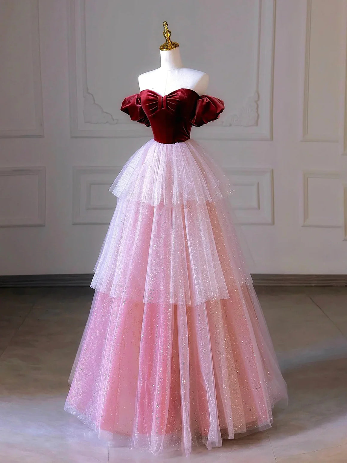 Off Shoulder Burgundy Velvet Top Pink Tulle Long Prom Dresses, Shiny Pink Tulle Formal Graduation Evening Dresses
