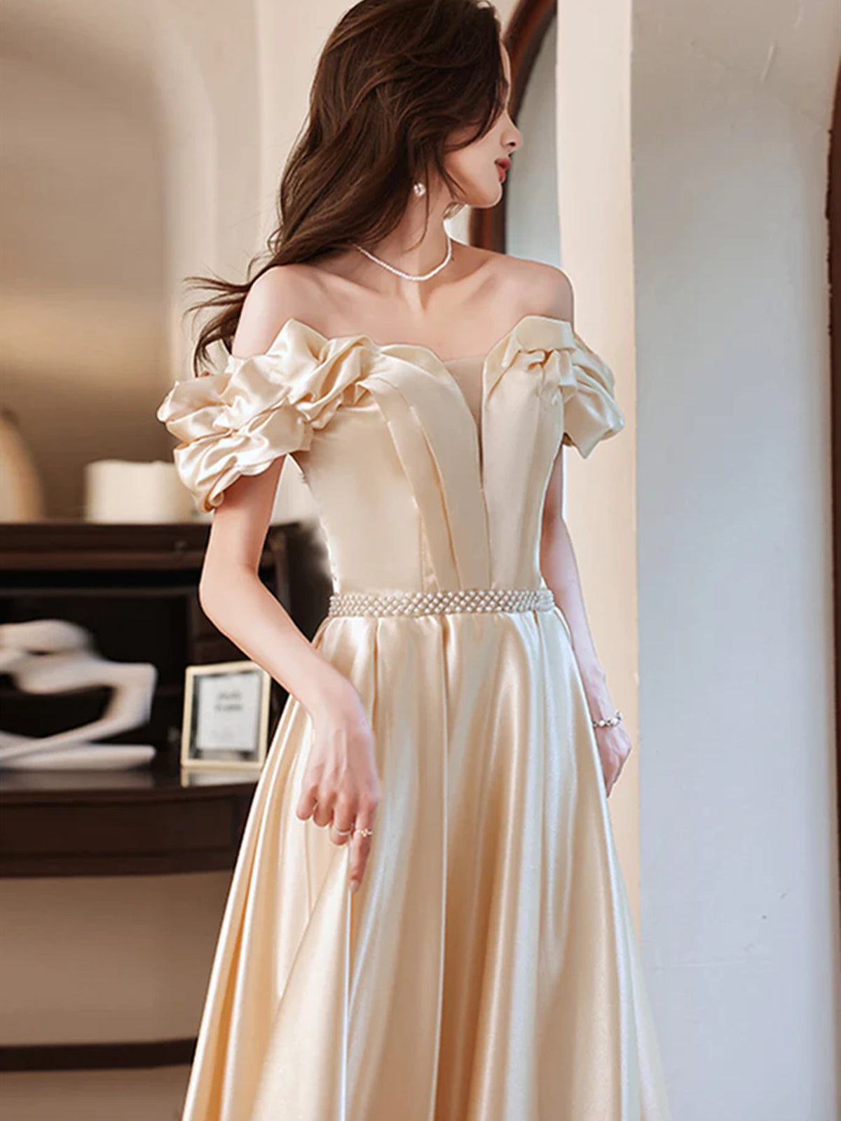 Off Shoulder Champagne Long Prom Dresses, Long Champagne Satin Formal - shegown Off Shoulder Champagne Long Prom Dresses, Long Champagne Satin Formal - shegown