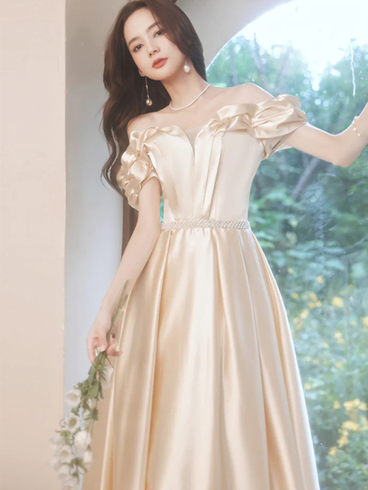 Off Shoulder Champagne Long Prom Dresses, Long Champagne Satin Formal - shegown Off Shoulder Champagne Long Prom Dresses, Long Champagne Satin Formal - shegown