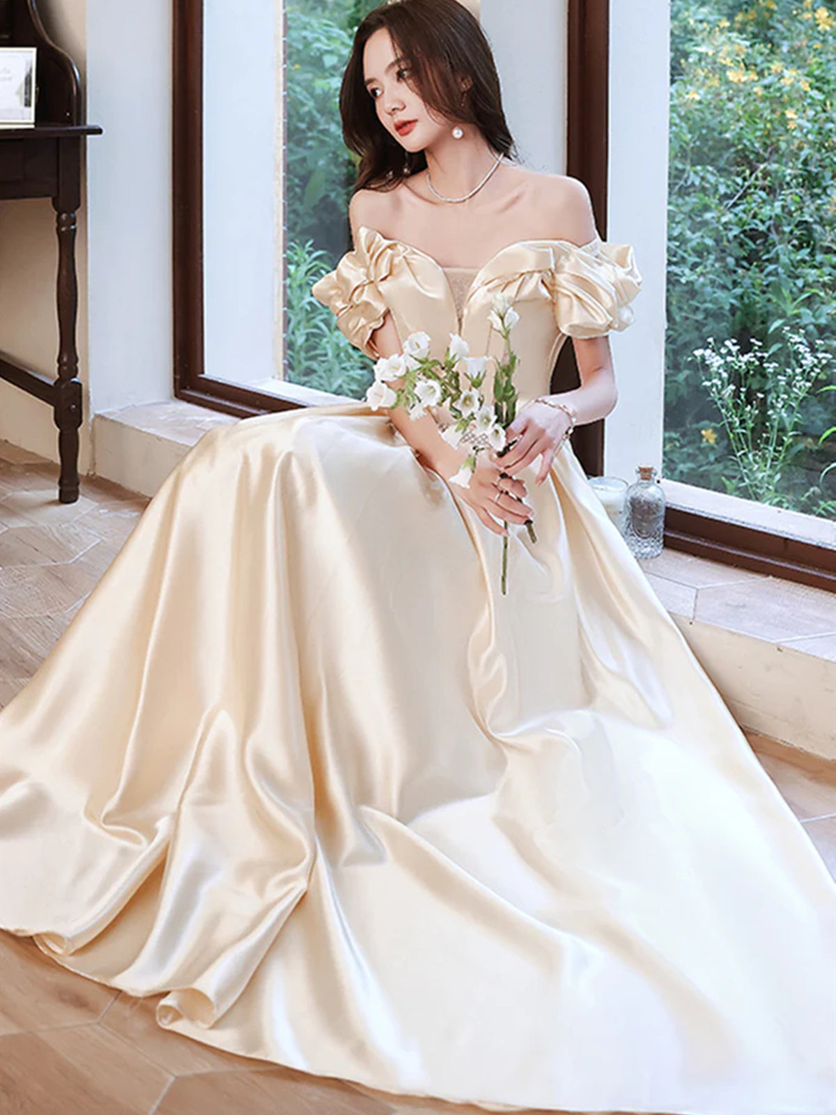 Off Shoulder Champagne Long Prom Dresses, Long Champagne Satin Formal - shegown Off Shoulder Champagne Long Prom Dresses, Long Champagne Satin Formal - shegown
