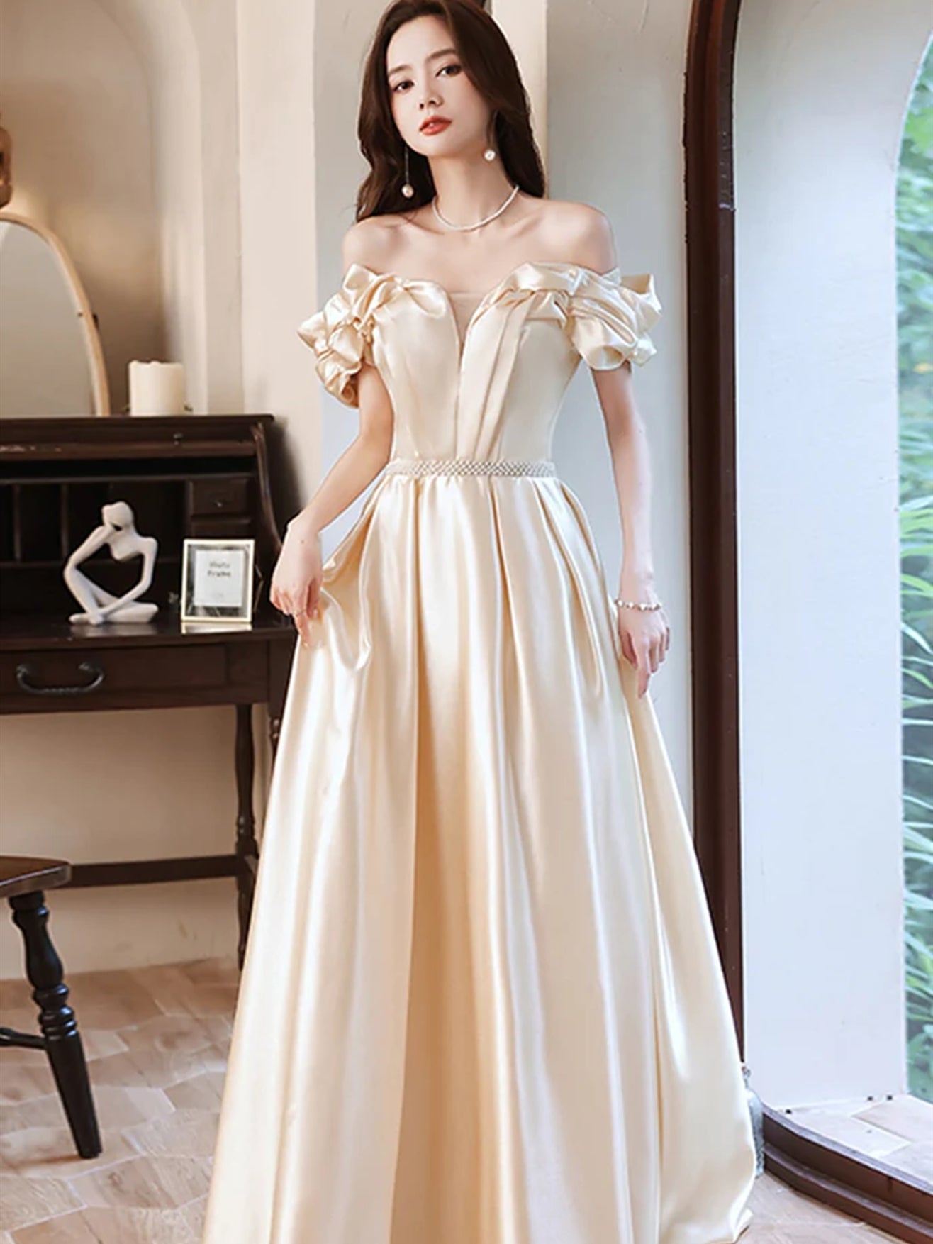 Off Shoulder Champagne Long Prom Dresses, Long Champagne Satin Formal - shegown Off Shoulder Champagne Long Prom Dresses, Long Champagne Satin Formal - shegown