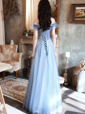 Off Shoulder Floor Length Beaded Blue Tulle Long Prom Dresses, Long Blue Formal Graduation Evening Dresses