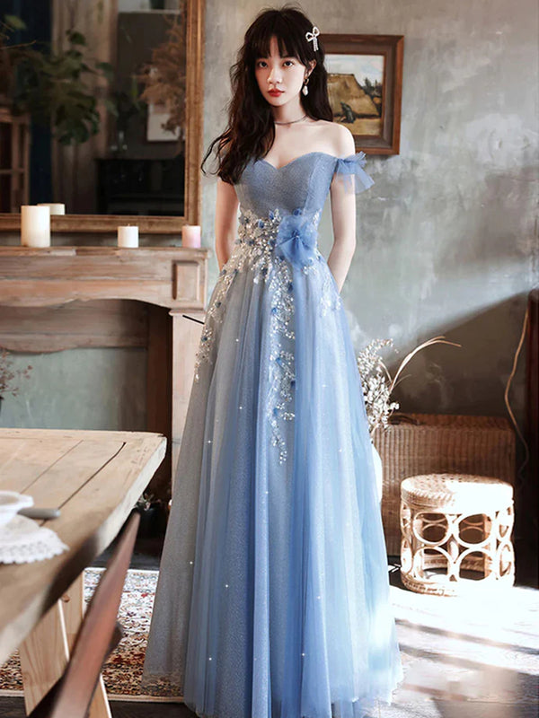Off the Shoulder Beaded Blue Tulle Long Prom Dresses, Long Blue Formal