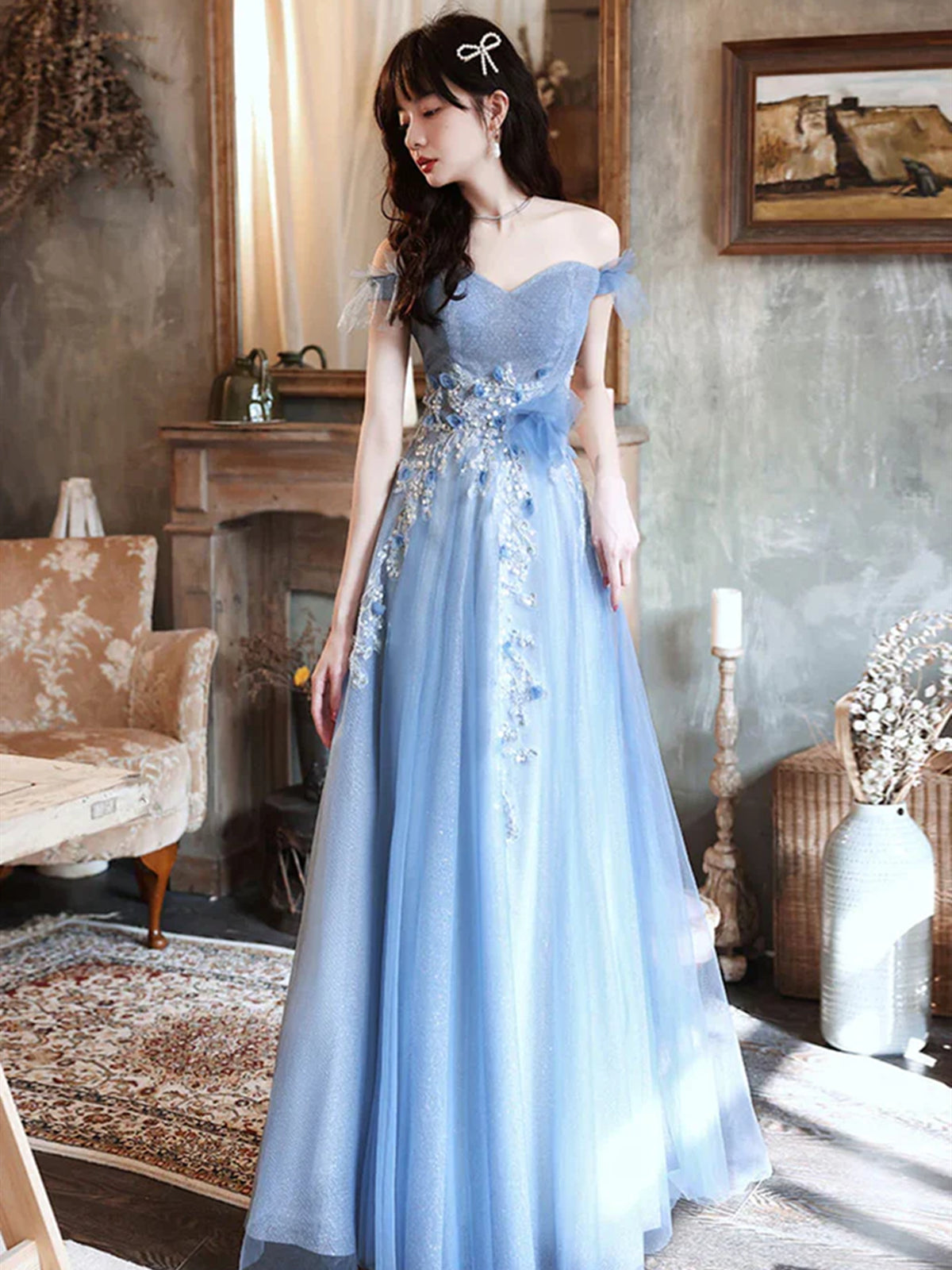 Off the Shoulder Beaded Blue Tulle Long Prom Dresses, Long Blue Formal Graduation Evening Dresses, US 16 / Picture Color / With Rush+$19.99 Off the Shoulder Beaded Blue Tulle Long Prom Dresses, Long Blue Formal Graduation Evening Dresses, US 16 / Picture Color / With Rush+$19.99