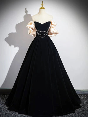 Off Shoulder Floor Length Black Velvet Long Prom Dresses, Off the Shoulder Black Formal Graduation Evening Dresses