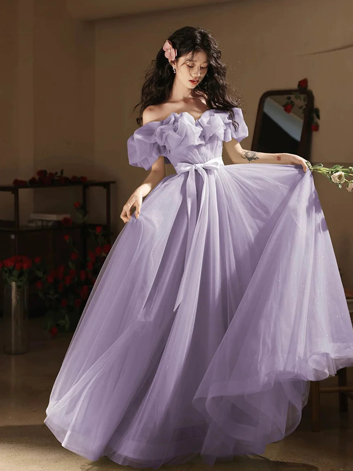 Off the Shoulder Lilac Tulle Long Prom Dresses, Lilac Formal Graduation Dresses, US 14 / Custom Color / No Rush Off the Shoulder Lilac Tulle Long Prom Dresses, Lilac Formal Graduation Dresses, US 14 / Custom Color / No Rush