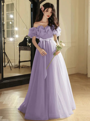 Off Shoulder Floor Length Lilac Tulle Long Prom Dresses, Off the Shoulder Lilac Formal Graduation Evening Dresses