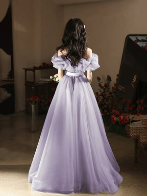 Off Shoulder Floor Length Lilac Tulle Long Prom Dresses, Off the Shoulder Lilac Formal Graduation Evening Dresses