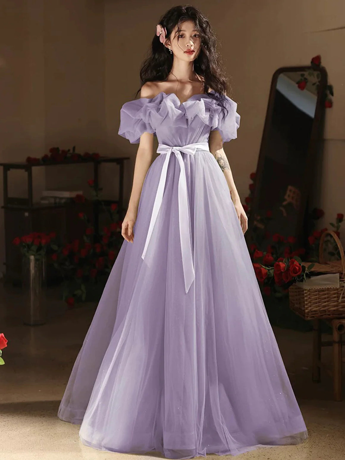 Off Shoulder Floor Length Lilac Tulle Long Prom Dresses, Off the Shoulder Lilac Formal Graduation Evening Dresses