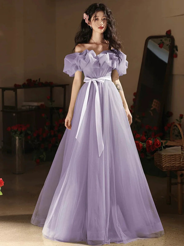Off the Shoulder Lilac Tulle Long Prom Dresses, Lilac Formal Graduatio