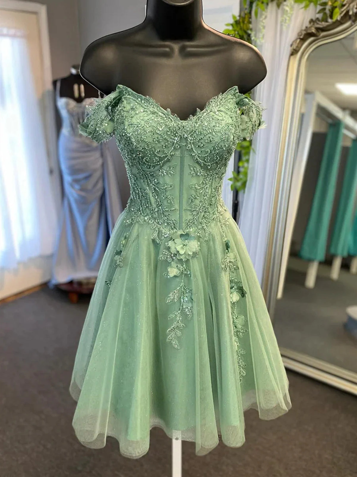 Mint Green Green Lace Off The Shoulder Dress Mint Green 3D Flowers Lace Tulle Off Shoulder Mint Green Green Lace Off The Shoulder Dress Mint Green 3D Flowers Lace Tulle Off Shoulder