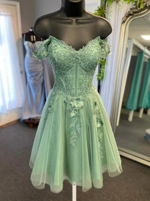 Off Shoulder Green Lace Short Prom Dresses, Green Lace Homecoming Dresses, Short Green Formal Graduation Evening Dresses