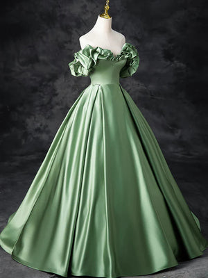 Off Shoulder Green Satin Long Prom Dresses, Off the Shoulder Formal Dresses, Green Evening Dresses
