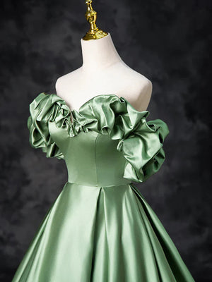 Off Shoulder Green Satin Long Prom Dresses, Off the Shoulder Formal Dresses, Green Evening Dresses