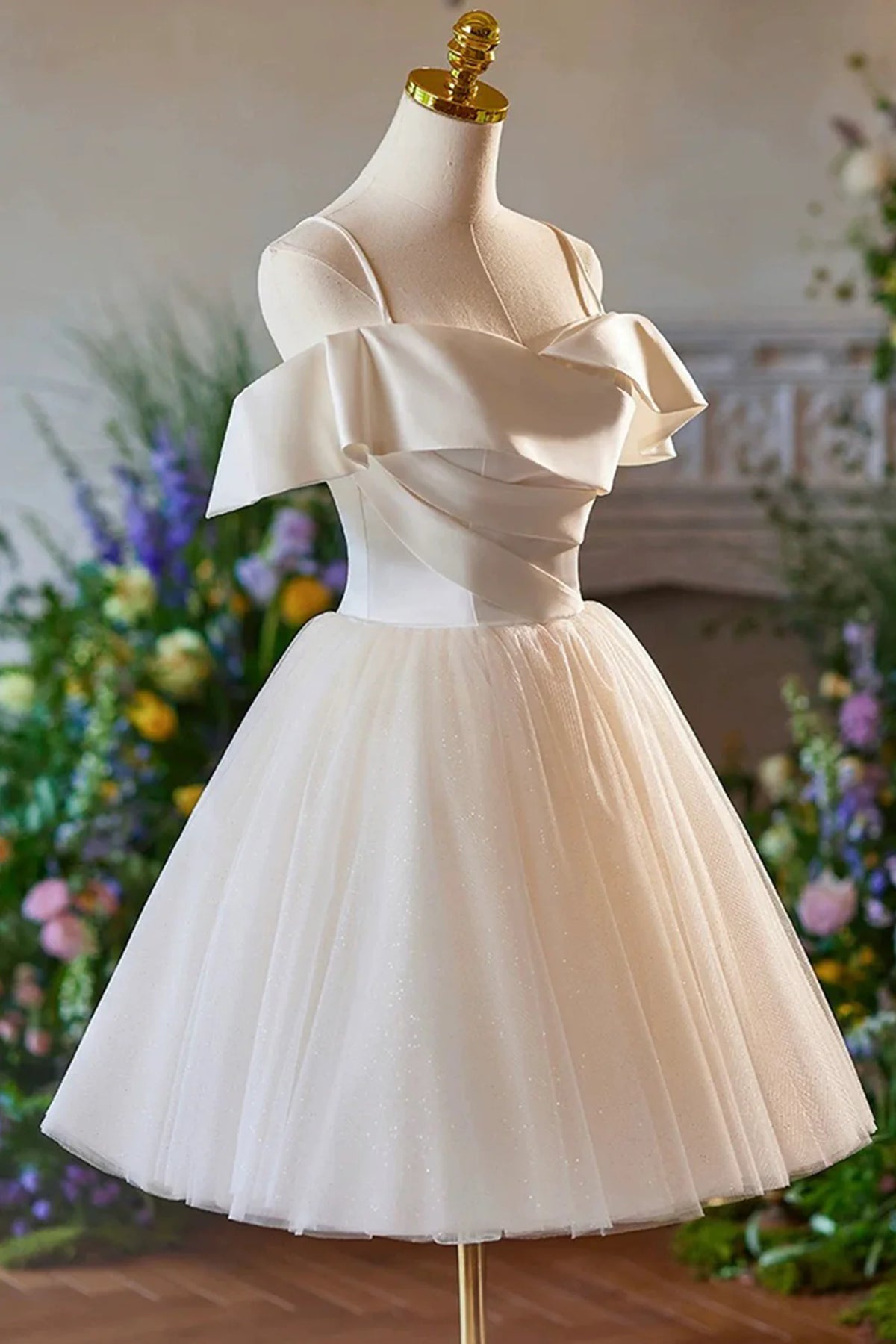 Off the Shoulder Light Champagne Tulle Short Prom Dresses, Light Champ - shegown Off the Shoulder Light Champagne Tulle Short Prom Dresses, Light Champ - shegown