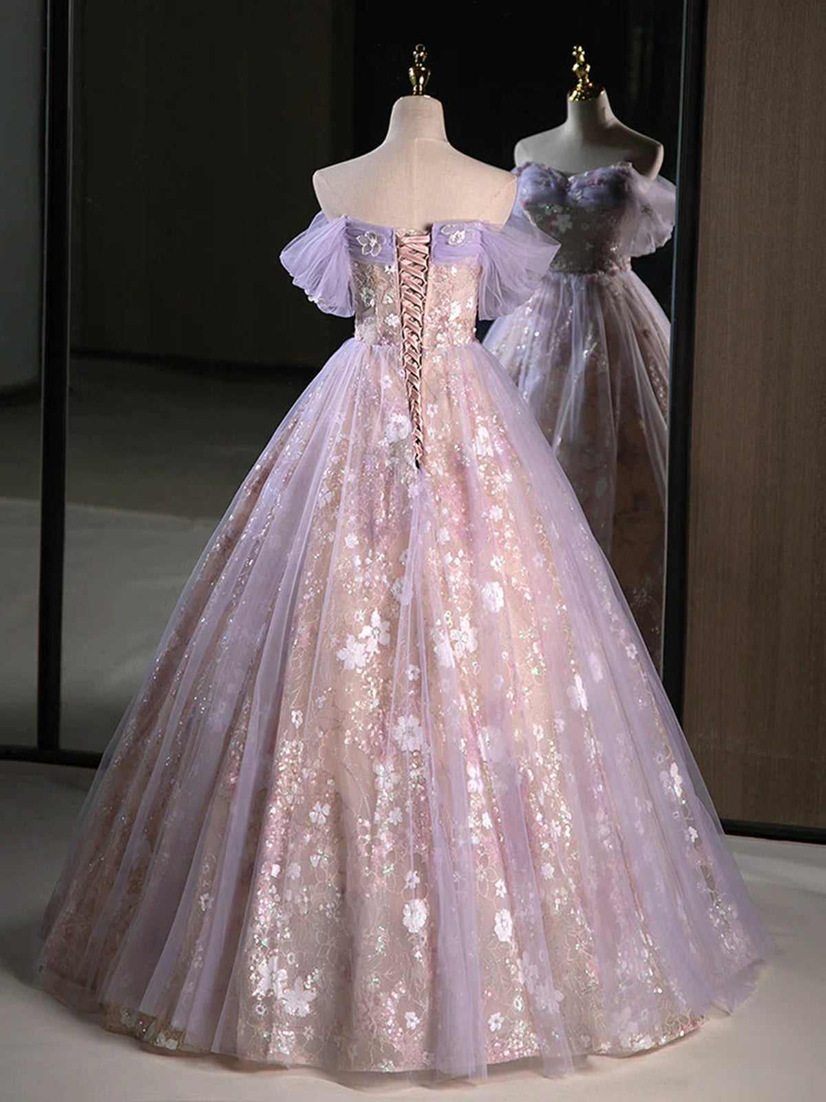prom dress purple Off Shoulder Lilac Lace Long Prom Dresses, Off the Shoulder Purple Lace Formal Dresses, US 12 / Picture Color / With Rush+$19.99