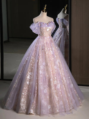 Off Shoulder Lilac Lace Long Prom Dresses, Off the Shoulder Purple Formal Dresses, Purple Lace Evening Dresses