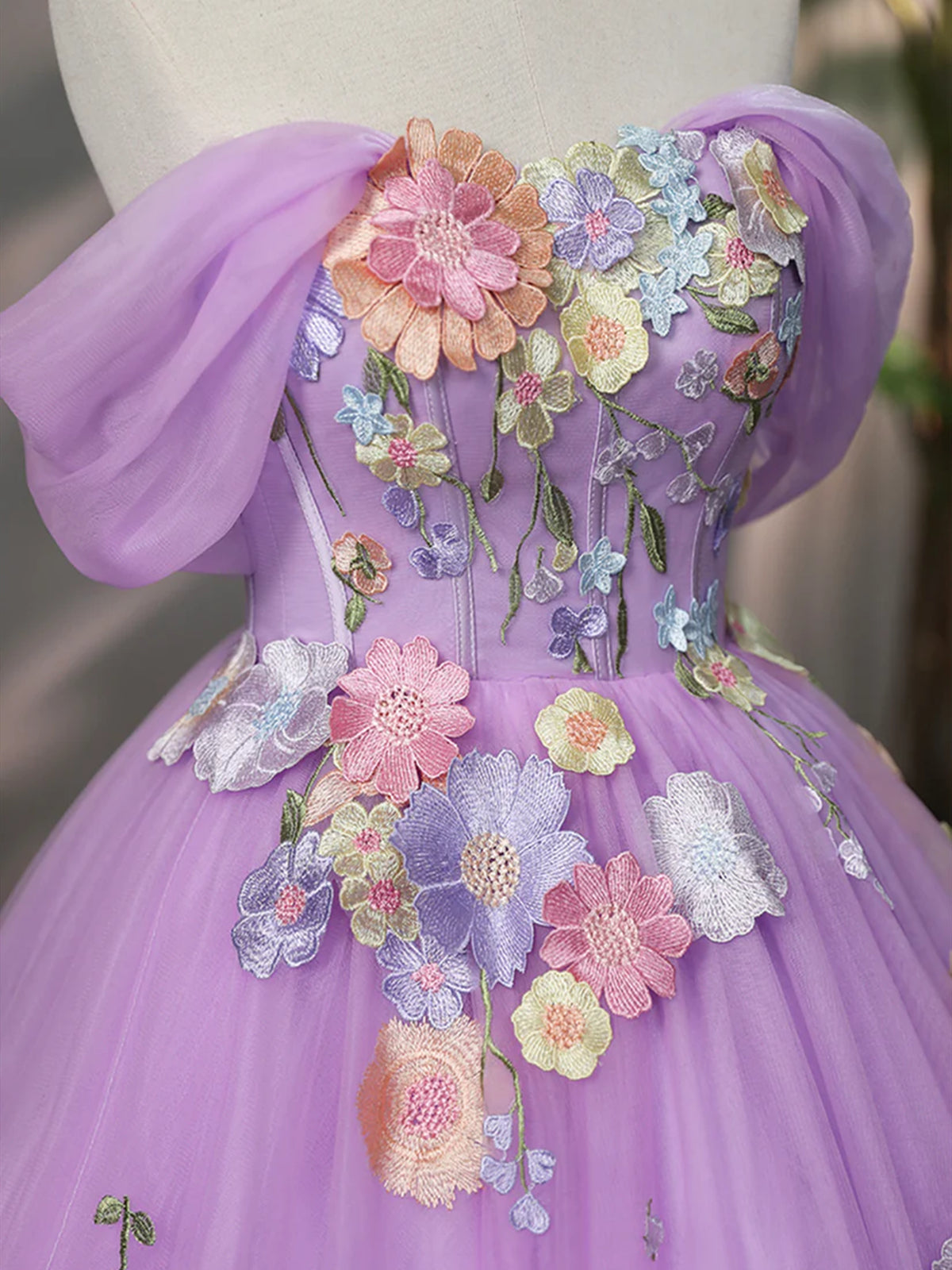 Off Shoulder Lilac Tulle Floral Long Prom Dresses, Off the Shoulder Formal Evening Dresses Off Shoulder Lilac Tulle Floral Long Prom Dresses, Off the Shoulder Formal Evening Dresses