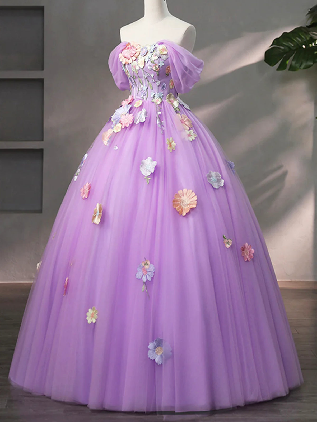 Off Shoulder Lilac Tulle Floral Long Prom Dresses, Off the Shoulder Fo - shegown Off Shoulder Lilac Tulle Floral Long Prom Dresses, Off the Shoulder Fo - shegown