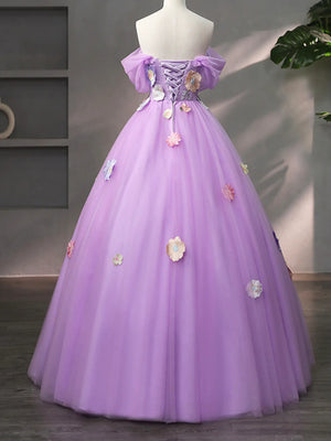 Off Shoulder Lilac Tulle Floral Long Prom Dresses, Off the Shoulder Formal Evening Dresses, Lilac Ball Gown with Appliques