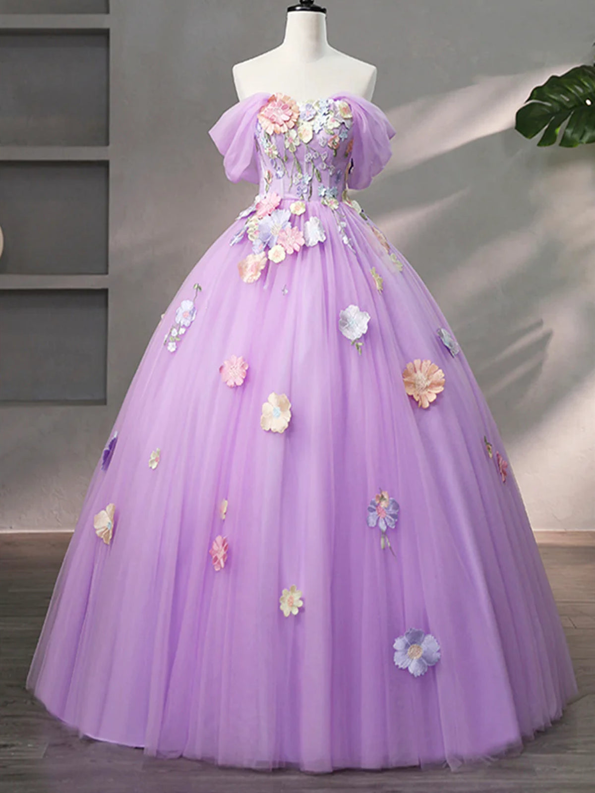 Off Shoulder Lilac Tulle Floral Long Prom Dresses, Off the Shoulder Fo - shegown Off Shoulder Lilac Tulle Floral Long Prom Dresses, Off the Shoulder Fo - shegown