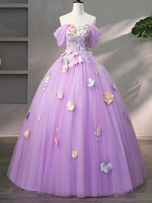 Off Shoulder Lilac Tulle Floral Long Prom Dresses, Off the Shoulder Formal Evening Dresses, Lilac Ball Gown with Appliques