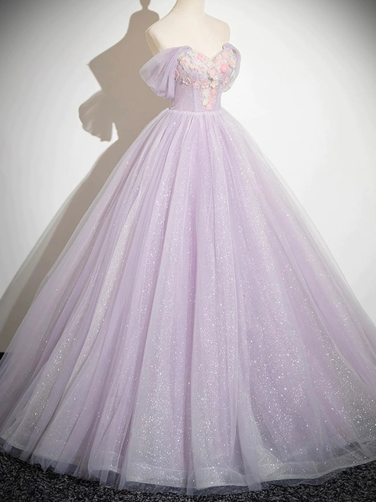 Off Shoulder Lilac Tulle Long Prom Dresses with Appliques, Lilac 3D Fl - shegown Off Shoulder Lilac Tulle Long Prom Dresses with Appliques, Lilac 3D Fl - shegown