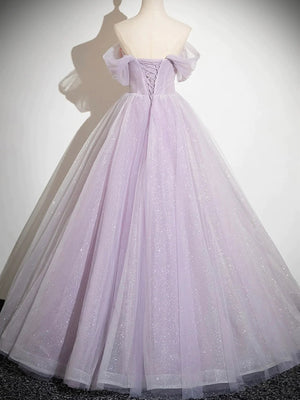 Off Shoulder Lilac Tulle Long Prom Dresses with Appliques, Lilac Floral Formal Dresses, Lilac Evening Dresses with 3D Flowers