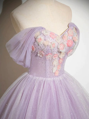 Off Shoulder Lilac Tulle Long Prom Dresses with Appliques, Lilac Floral Formal Dresses, Lilac Evening Dresses with 3D Flowers