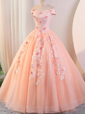 Off Shoulder Pink Appliques Long Prom Dresses, Off the Shoulder Pink Formal Evening Dresses, Pink Lace Ball Gown