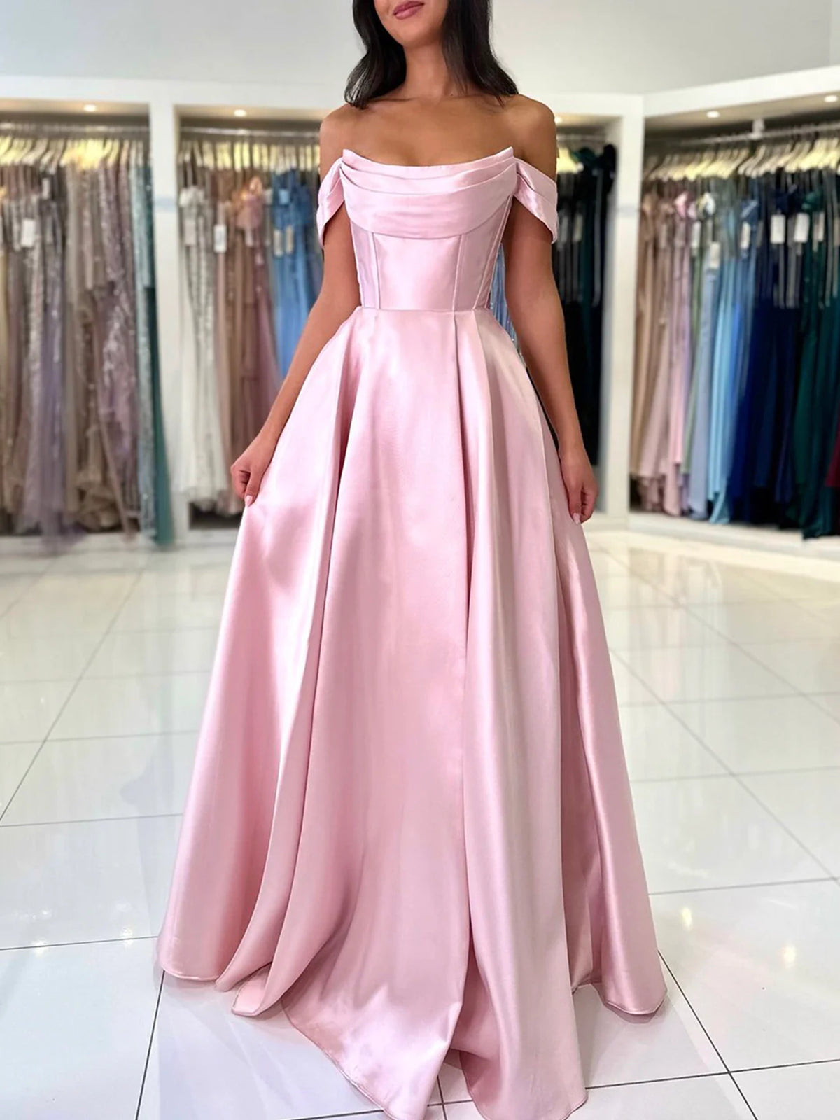 Off Shoulder Pink/Blue Satin Long Prom Dresses with Pocket, Long Pink/ - shegown Off Shoulder Pink/Blue Satin Long Prom Dresses with Pocket, Long Pink/ - shegown