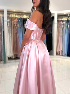 Off Shoulder Pink/Blue Satin Long Prom Dresses with Pocket, Long Pink/Blue Formal Graduation Evening Dresses