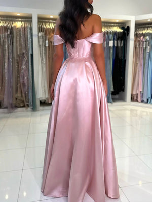 Off Shoulder Pink/Blue Satin Long Prom Dresses with Pocket, Long Pink/Blue Formal Graduation Evening Dresses