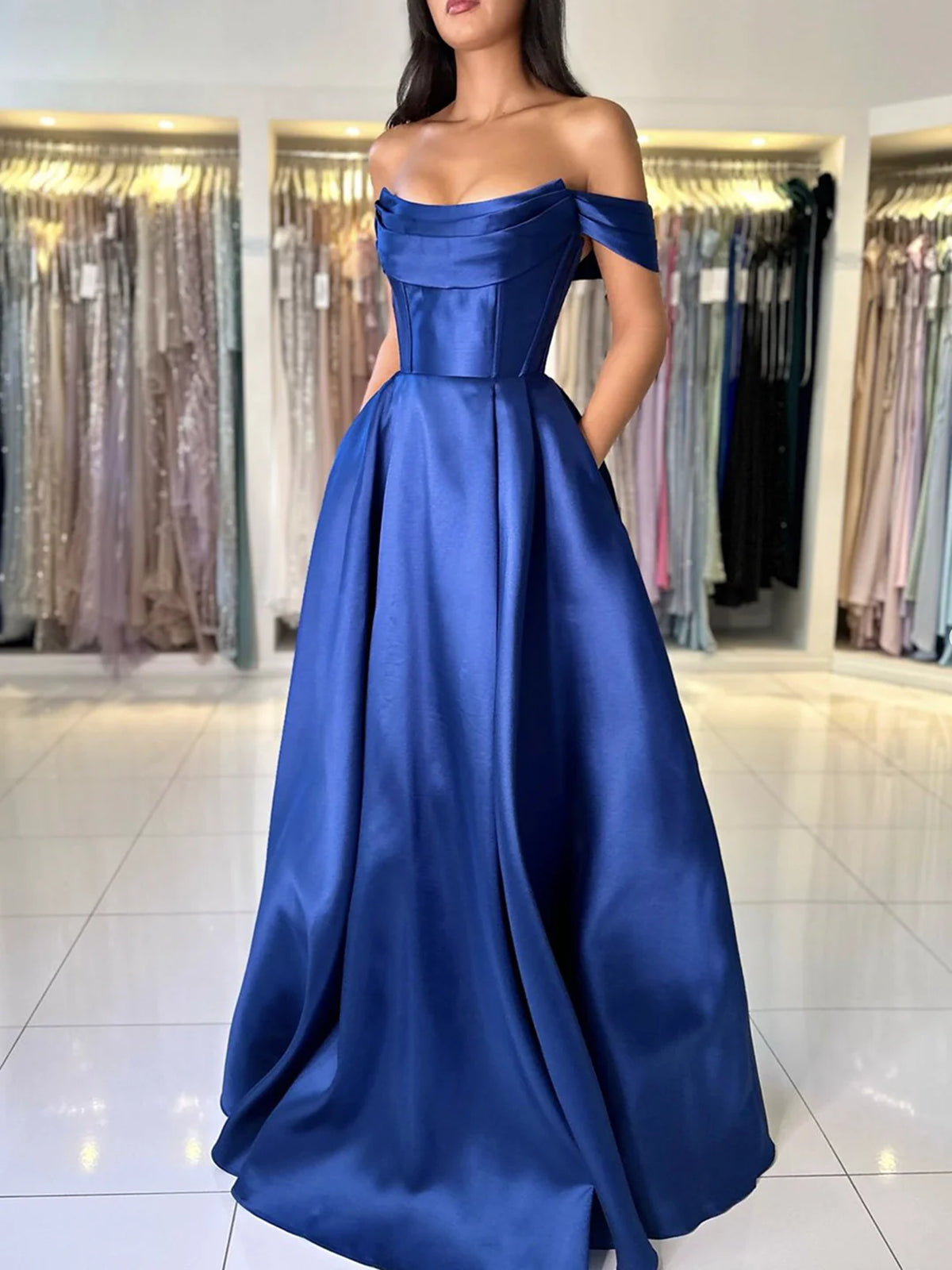 Off Shoulder Pink/Blue Satin Long Prom Dresses with Pocket, Long Pink/ Off Shoulder Pink/Blue Satin Long Prom Dresses with Pocket, Long Pink/