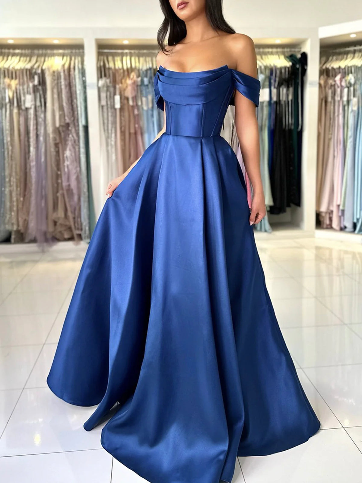 Off Shoulder Pink/Blue Satin Long Prom Dresses with Pocket, Long Pink