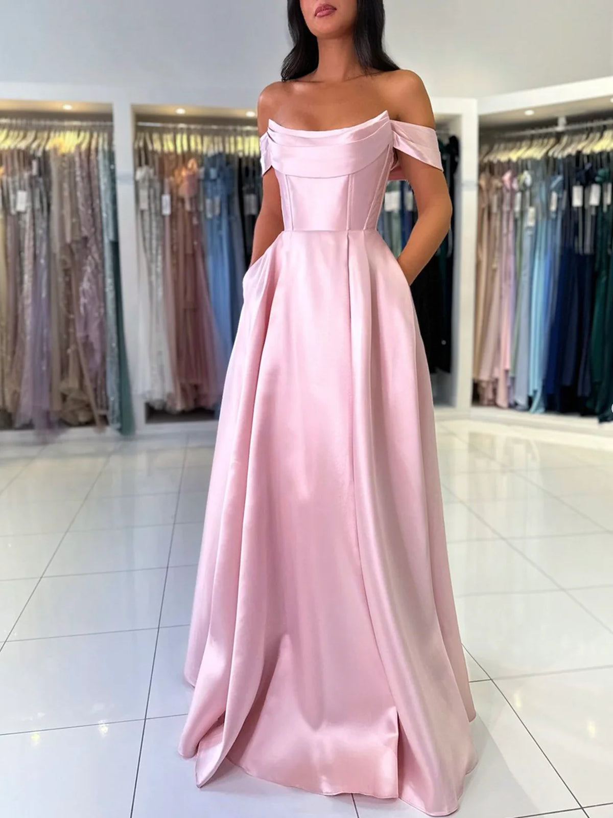 Off Shoulder Pink/Blue Satin Long Prom Dresses with Pocket, Long Pink