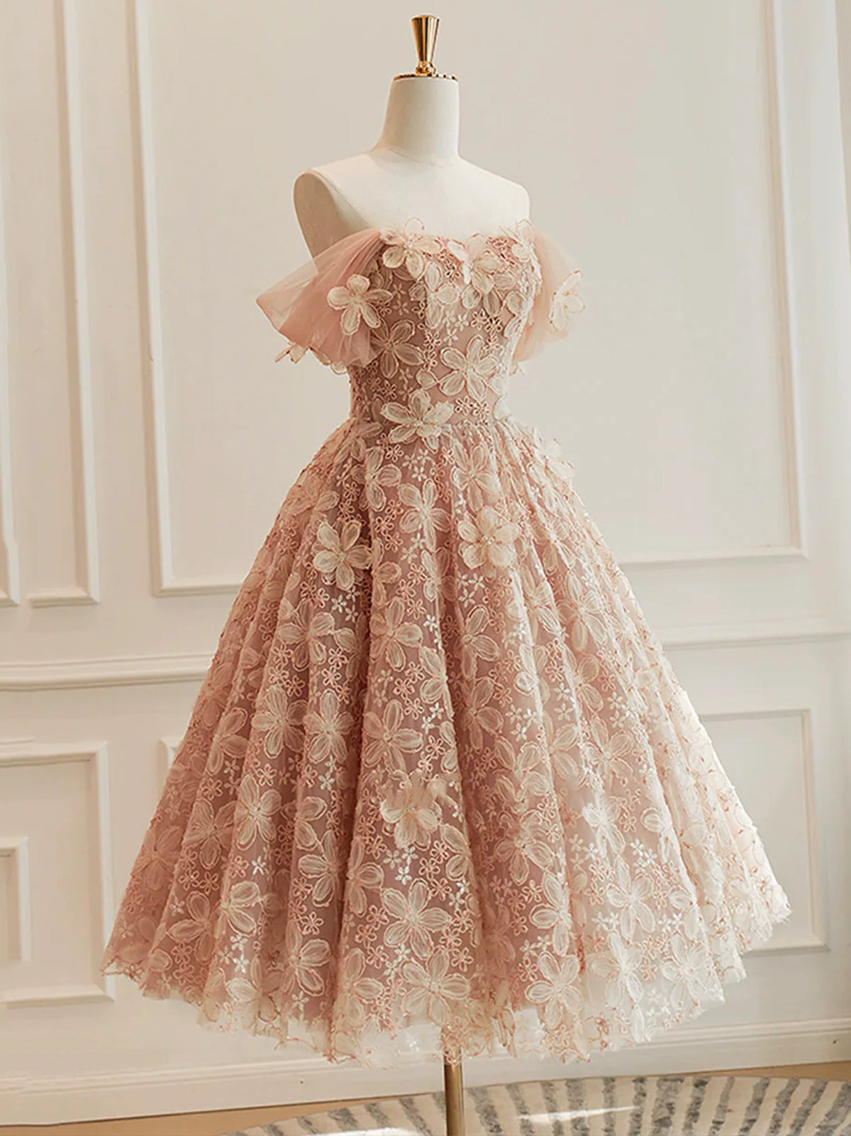 Off Shoulder Pink Lace Prom Dresses, Short Pink Lace Homecoming Formal - shegown Off Shoulder Pink Lace Prom Dresses, Short Pink Lace Homecoming Formal - shegown