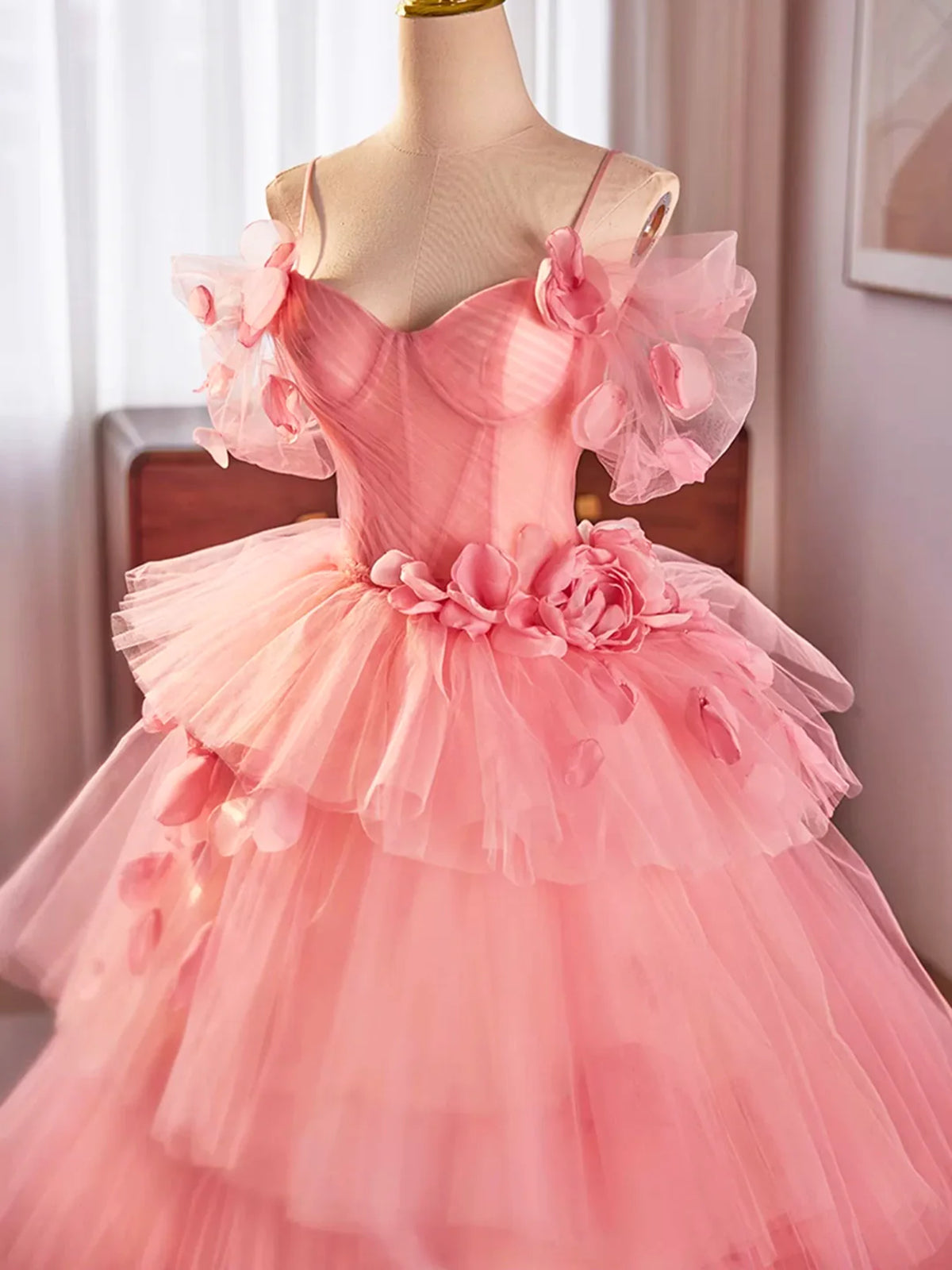 Off Shoulder Pink Tulle Floral Long Prom Dresses, Layered Pink Formal - shegown Off Shoulder Pink Tulle Floral Long Prom Dresses, Layered Pink Formal - shegown