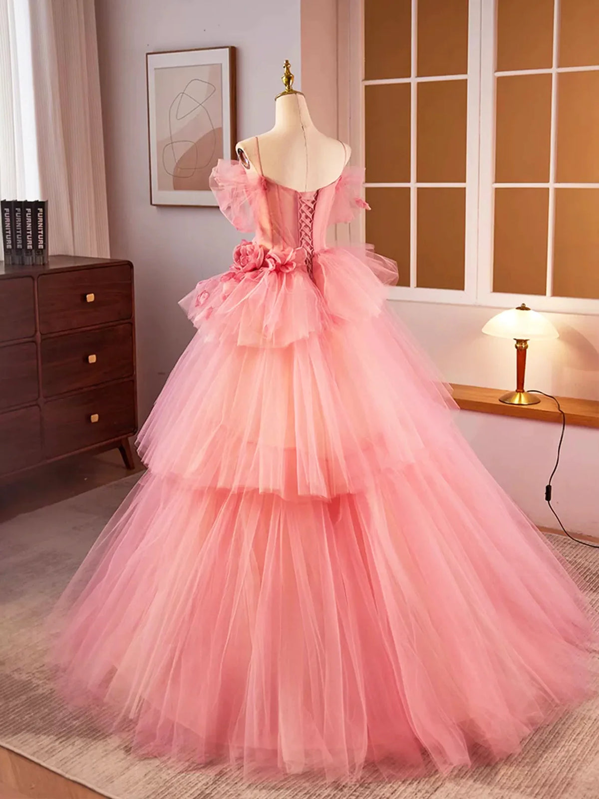 ruffle prom dress pink Light Pink A-Line Tiered Spaghetti Straps Tulle Prom Dress