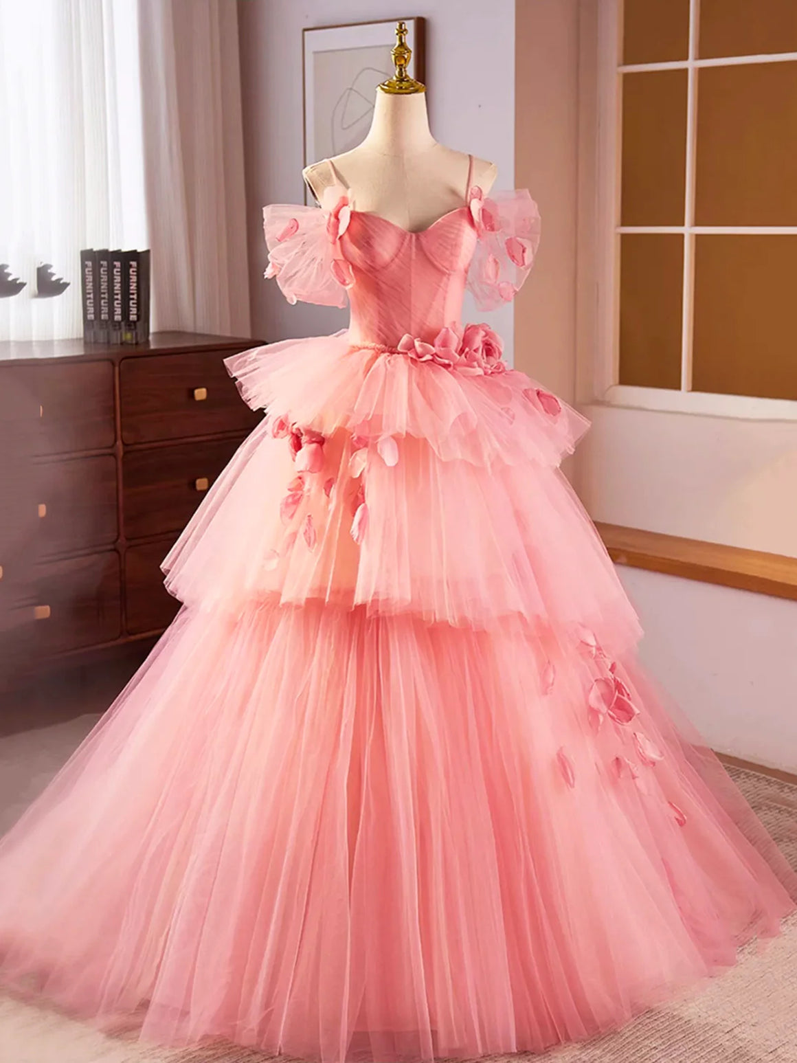 Off Shoulder Pink Tulle Floral Long Prom Dresses, Layered Pink Formal Evening Dresses, Pink Ball Gown